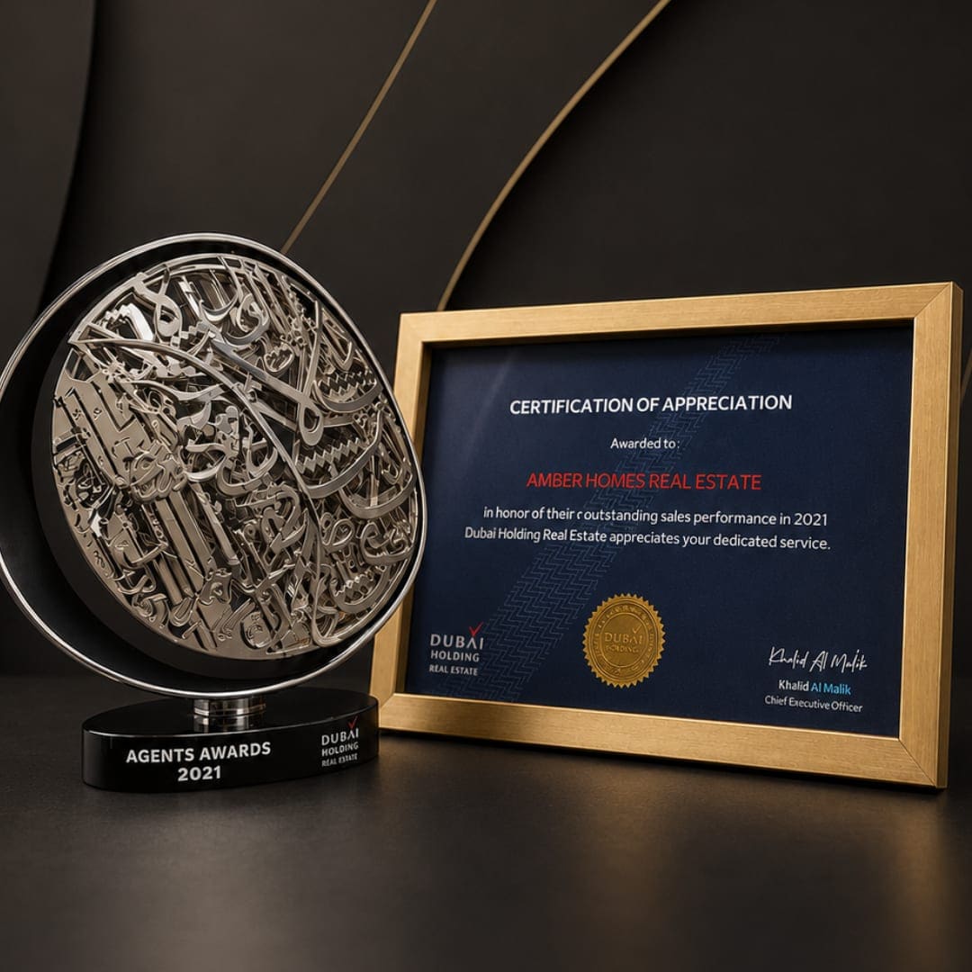 Amber Homes Real Estate — Platinum Sales Agency 2022, awarded by Meraas, Nakheel & Dubai Holding (award trophy and certificate)